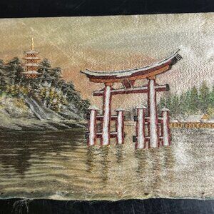 Antique Embroidered Silk Woven Japanese Pagoda Arch on Lake Artwork 11.5 x 8.5"